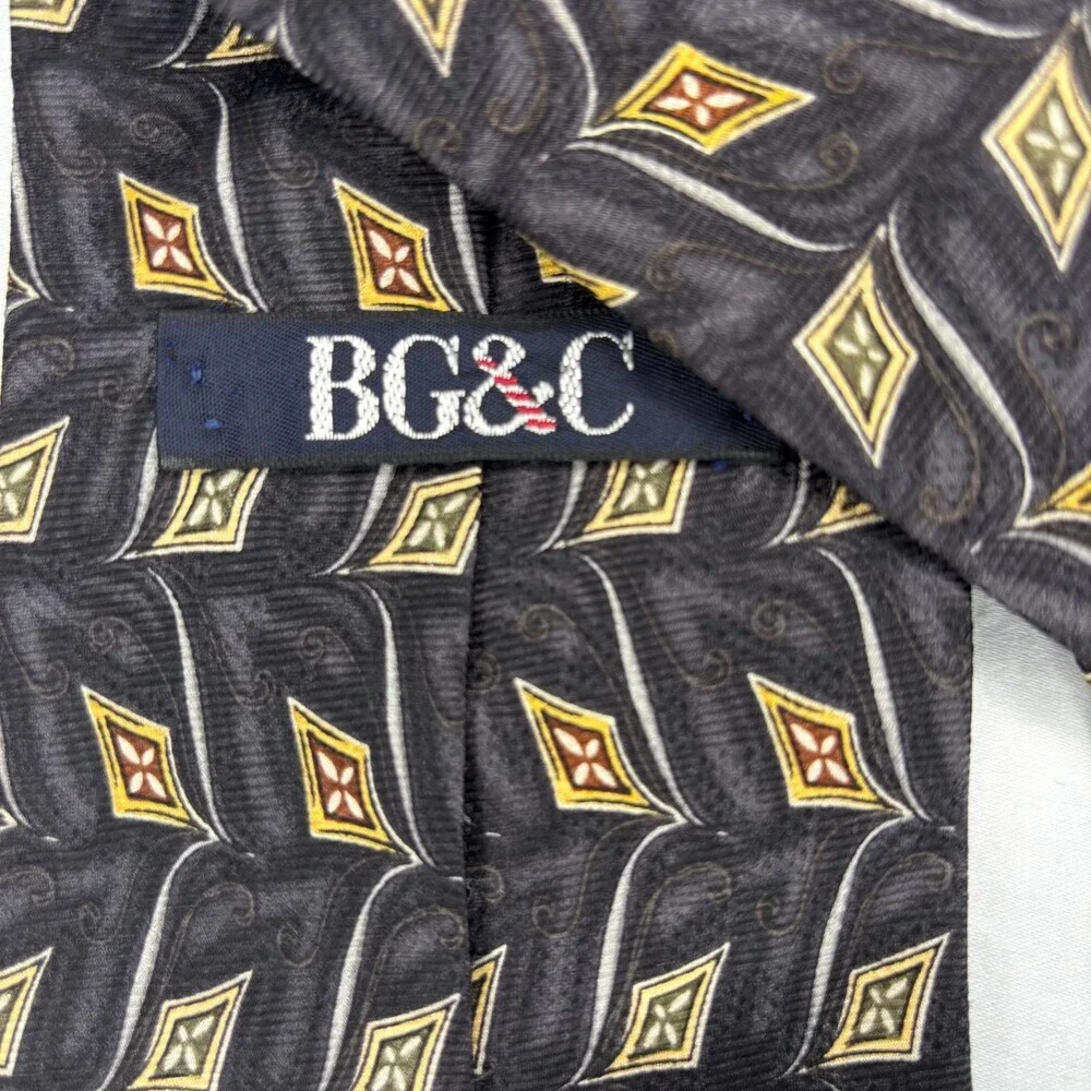 BG&C 100% Silk Hand Sewn Mens Tie Black Gray Gold Geometric Classic Made in USA